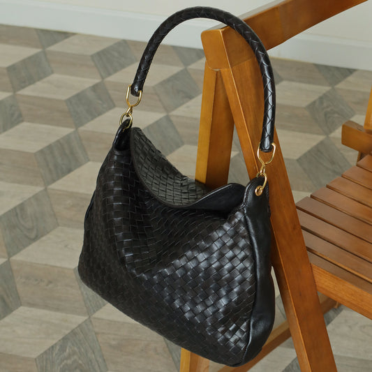 Rare Bottega Veneta Vintage Black Intrecciato Braided Strap Hobo Shoulder Flap Bag
