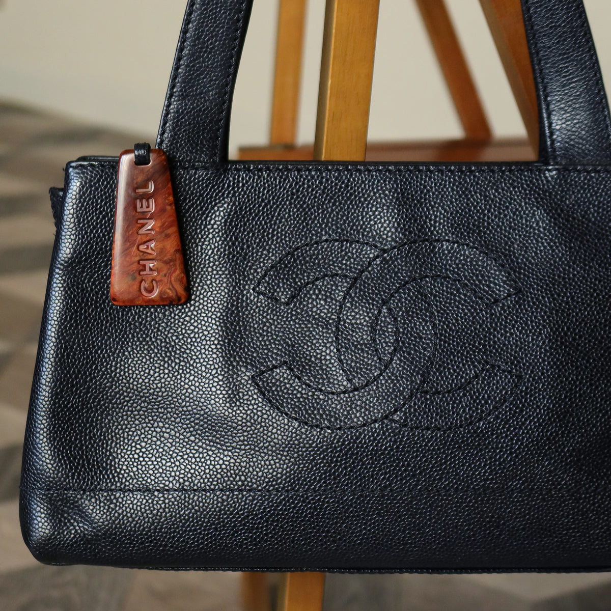 Chanel Vintage Black Caviar Leather CC Mark Charm East west Shoulder Bag