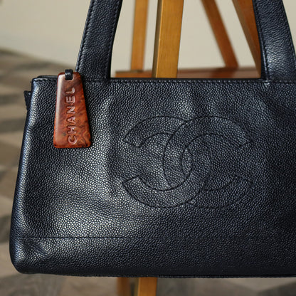 Chanel Vintage Black Caviar Leather CC Mark Charm East west Shoulder Bag