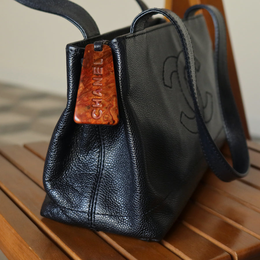 Chanel Vintage Black Caviar Leather CC Mark Charm East west Shoulder Bag