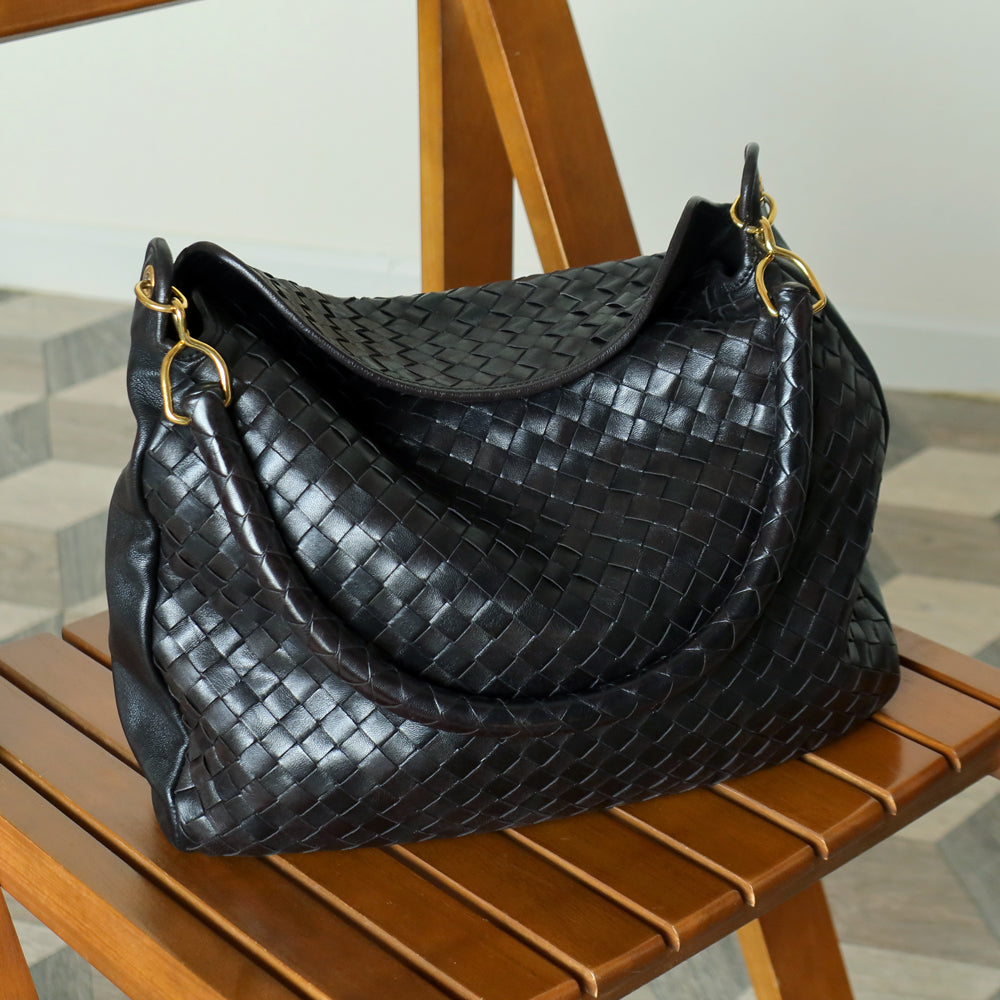 Rare Bottega Veneta Vintage Black Intrecciato Braided Strap Hobo Shoulder Flap Bag