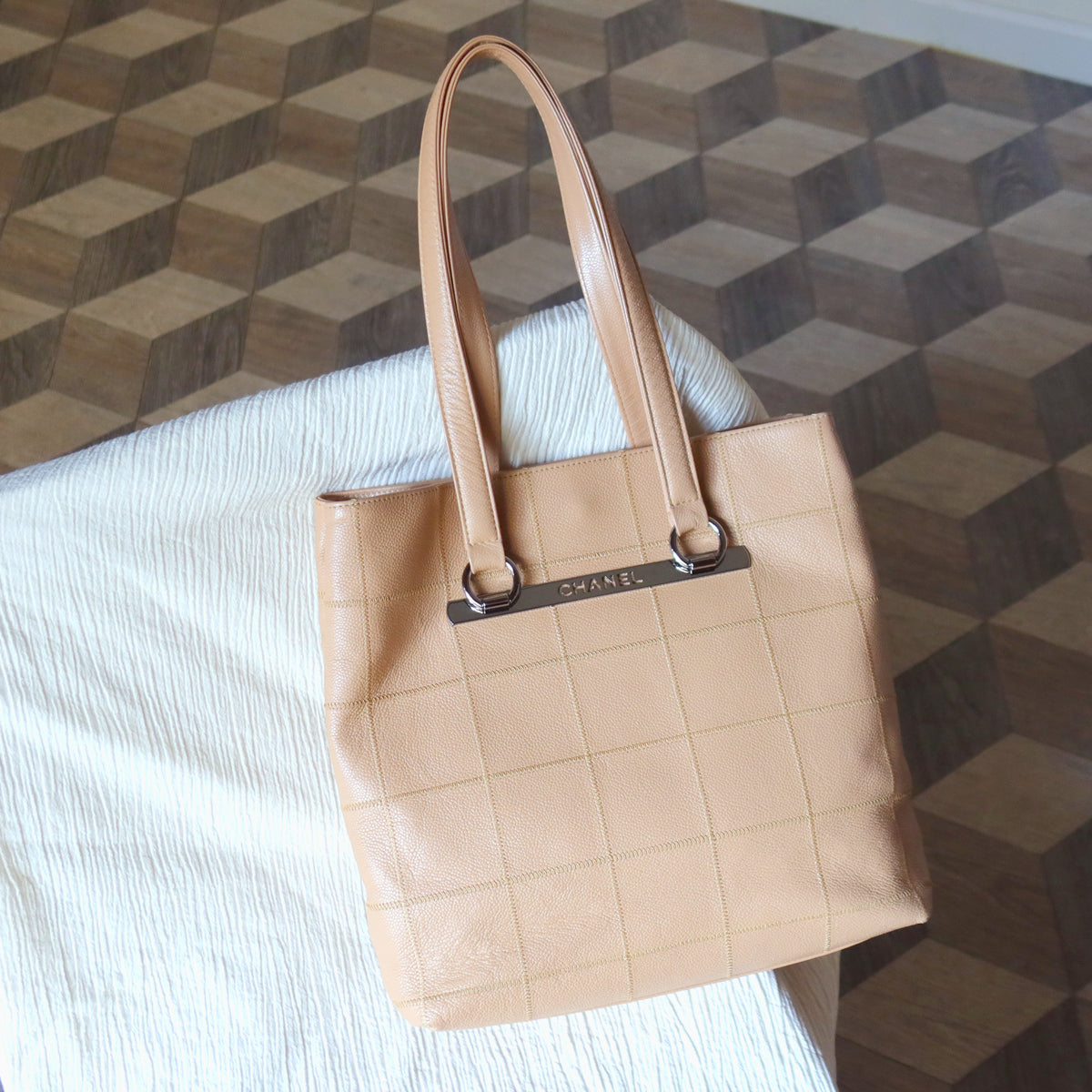 Chanel Vintage Chocolate Bar Stitching Light Salmon Beige Calfskin Leather Shoulder Tote Bag