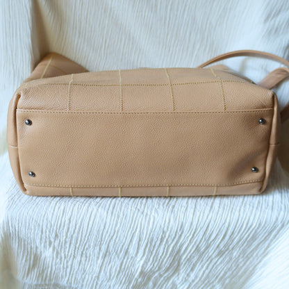 Chanel Vintage Chocolate Bar Stitching Light Salmon Beige Calfskin Leather Shoulder Tote Bag