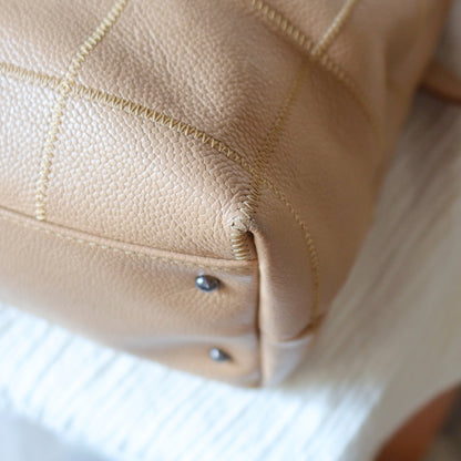 Chanel Vintage Chocolate Bar Stitching Light Salmon Beige Calfskin Leather Shoulder Tote Bag