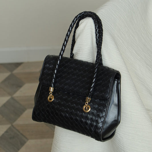 Rare Bottega Veneta Vintage Black Intrecciato Weave Double Braided Strap Trapeze Bag