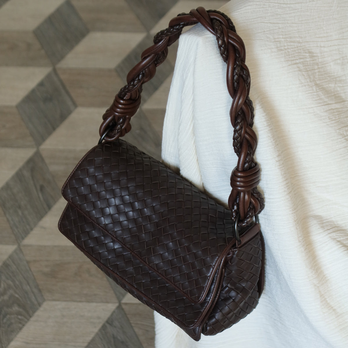 Bottega Veneta Vintage Dark Brown Intrecciato Twisted Strap Double Flap Shoulder Bag S