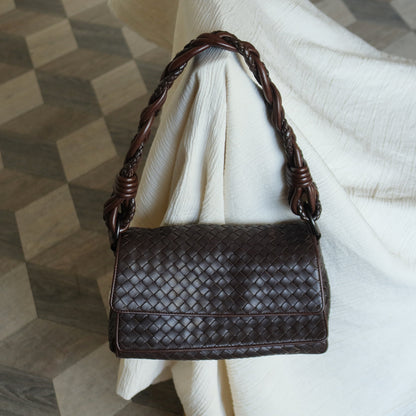 Bottega Veneta Vintage Dark Brown Intrecciato Twisted Strap Double Flap Shoulder Bag S