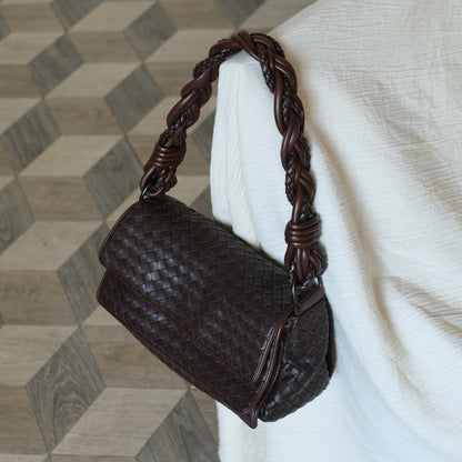 Bottega Veneta Vintage Dark Brown Intrecciato Twisted Strap Double Flap Shoulder Bag S