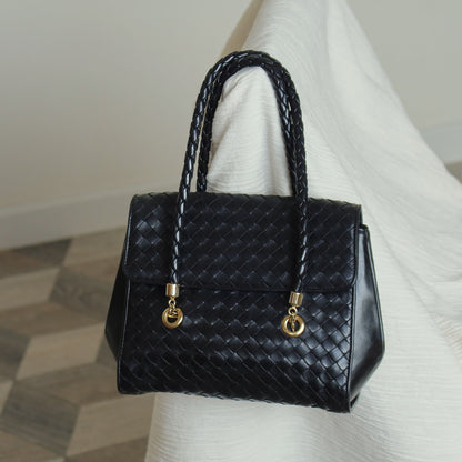 Rare Bottega Veneta Vintage Black Intrecciato Weave Double Braided Strap Trapeze Bag