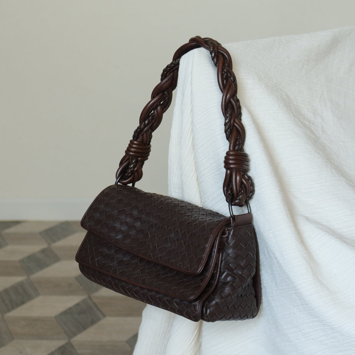 Bottega Veneta Vintage Dark Brown Intrecciato Twisted Strap Double Flap Shoulder Bag S