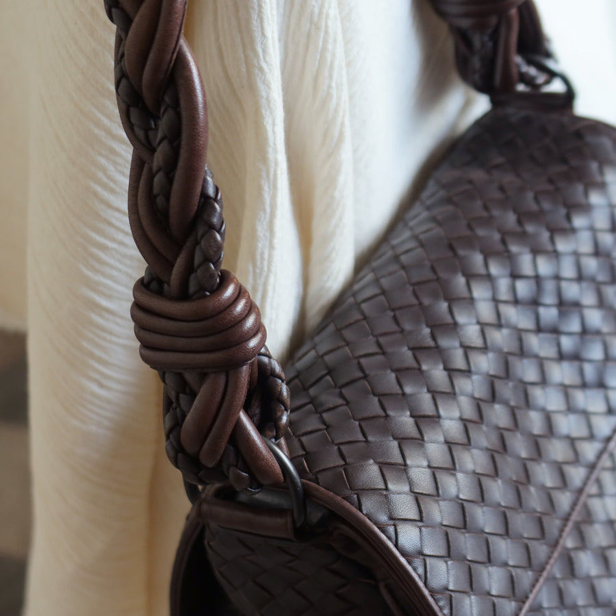 Bottega Veneta Vintage Dark Brown Intrecciato Twisted Strap Double Flap Shoulder Bag S