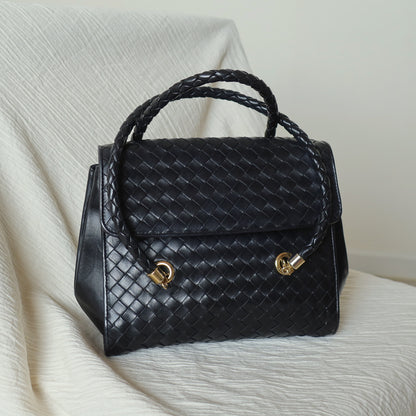 Rare Bottega Veneta Vintage Black Intrecciato Weave Double Braided Strap Trapeze Bag