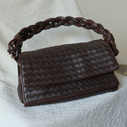 Bottega Veneta Vintage Dark Brown Intrecciato Twisted Strap Double Flap Shoulder Bag S