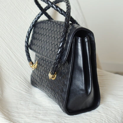 Rare Bottega Veneta Vintage Black Intrecciato Weave Double Braided Strap Trapeze Bag