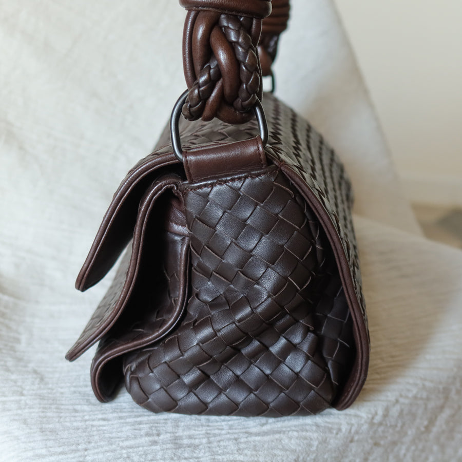 Bottega Veneta Vintage Dark Brown Intrecciato Twisted Strap Double Flap Shoulder Bag S