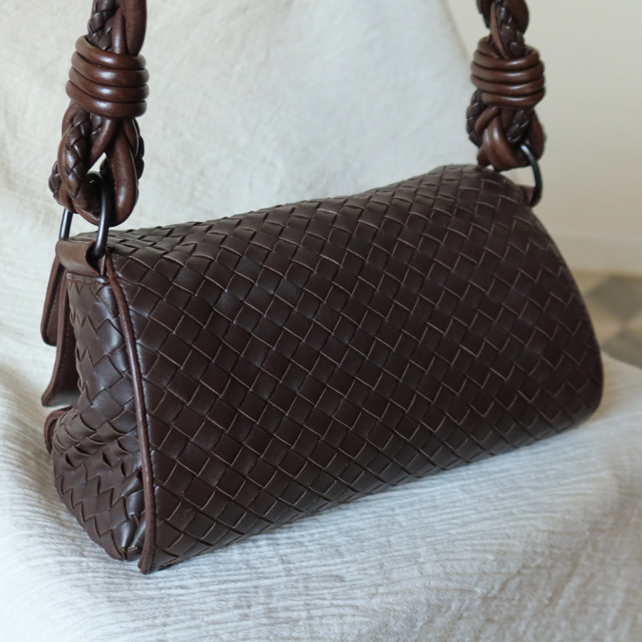 Bottega Veneta Vintage Dark Brown Intrecciato Twisted Strap Double Flap Shoulder Bag S