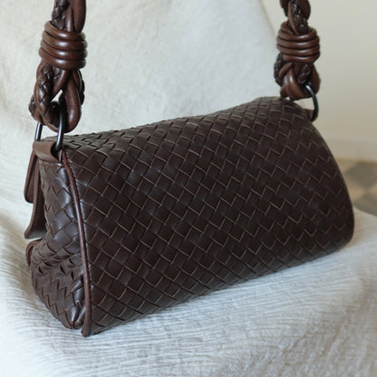 Bottega Veneta Vintage Dark Brown Intrecciato Twisted Strap Double Flap Shoulder Bag S