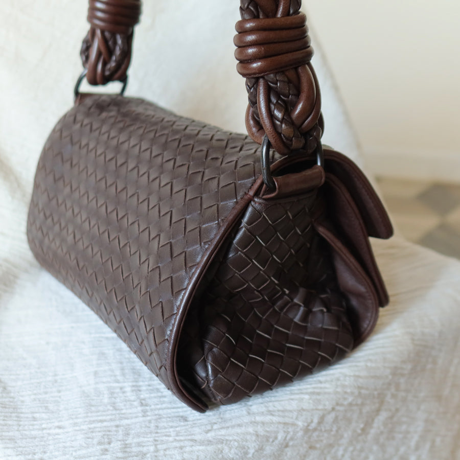 Bottega Veneta Vintage Dark Brown Intrecciato Twisted Strap Double Flap Shoulder Bag S