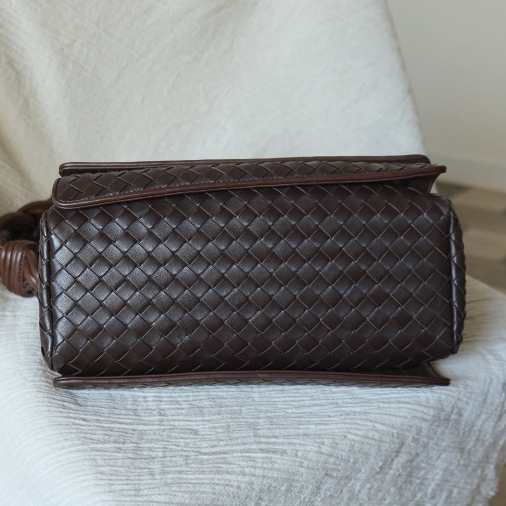 Bottega Veneta Vintage Dark Brown Intrecciato Twisted Strap Double Flap Shoulder Bag S
