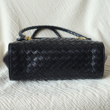Rare Bottega Veneta Vintage Black Intrecciato Weave Double Braided Strap Trapeze Bag