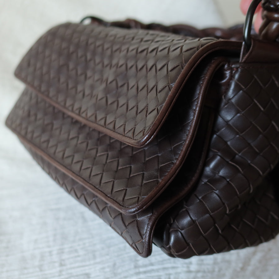 Bottega Veneta Vintage Dark Brown Intrecciato Twisted Strap Double Flap Shoulder Bag S