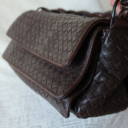 Bottega Veneta Vintage Dark Brown Intrecciato Twisted Strap Double Flap Shoulder Bag S
