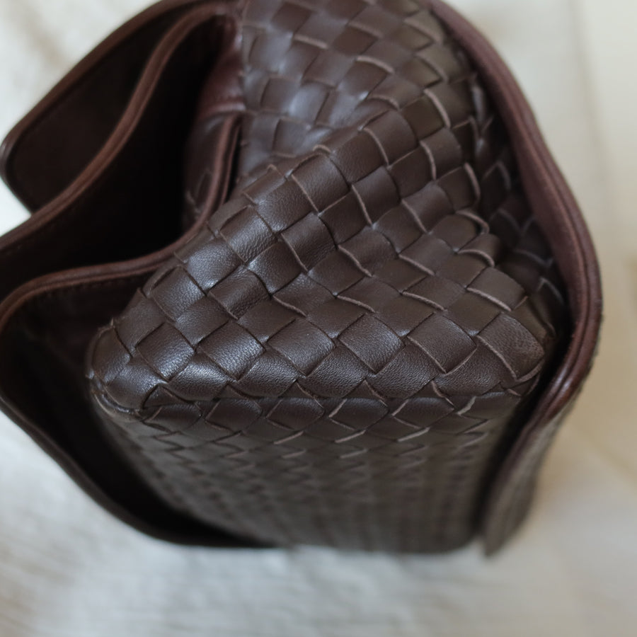 Bottega Veneta Vintage Dark Brown Intrecciato Twisted Strap Double Flap Shoulder Bag S