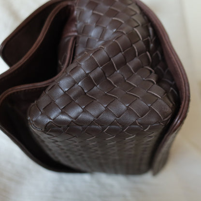 Bottega Veneta Vintage Dark Brown Intrecciato Twisted Strap Double Flap Shoulder Bag S