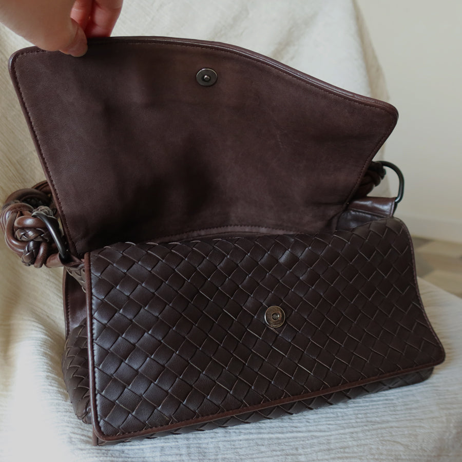 Bottega Veneta Vintage Dark Brown Intrecciato Twisted Strap Double Flap Shoulder Bag S
