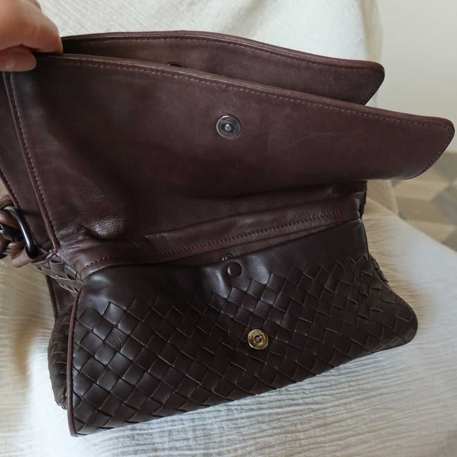 Bottega Veneta Vintage Dark Brown Intrecciato Twisted Strap Double Flap Shoulder Bag S