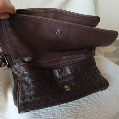 Bottega Veneta Vintage Dark Brown Intrecciato Twisted Strap Double Flap Shoulder Bag S