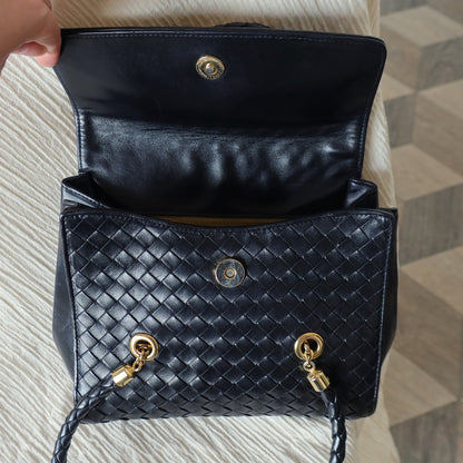 Rare Bottega Veneta Vintage Black Intrecciato Weave Double Braided Strap Trapeze Bag