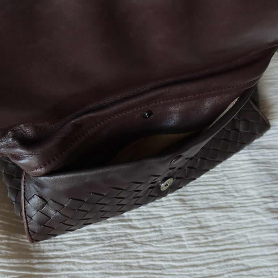 Bottega Veneta Vintage Dark Brown Intrecciato Twisted Strap Double Flap Shoulder Bag S