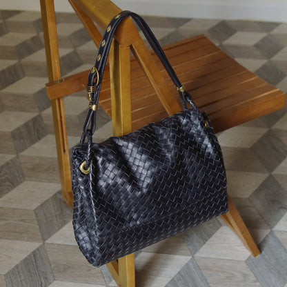 Bottega Veneta Black Nappa Leather Intrecciato Ring Hardware details Hobo Shoulder Flap Bag