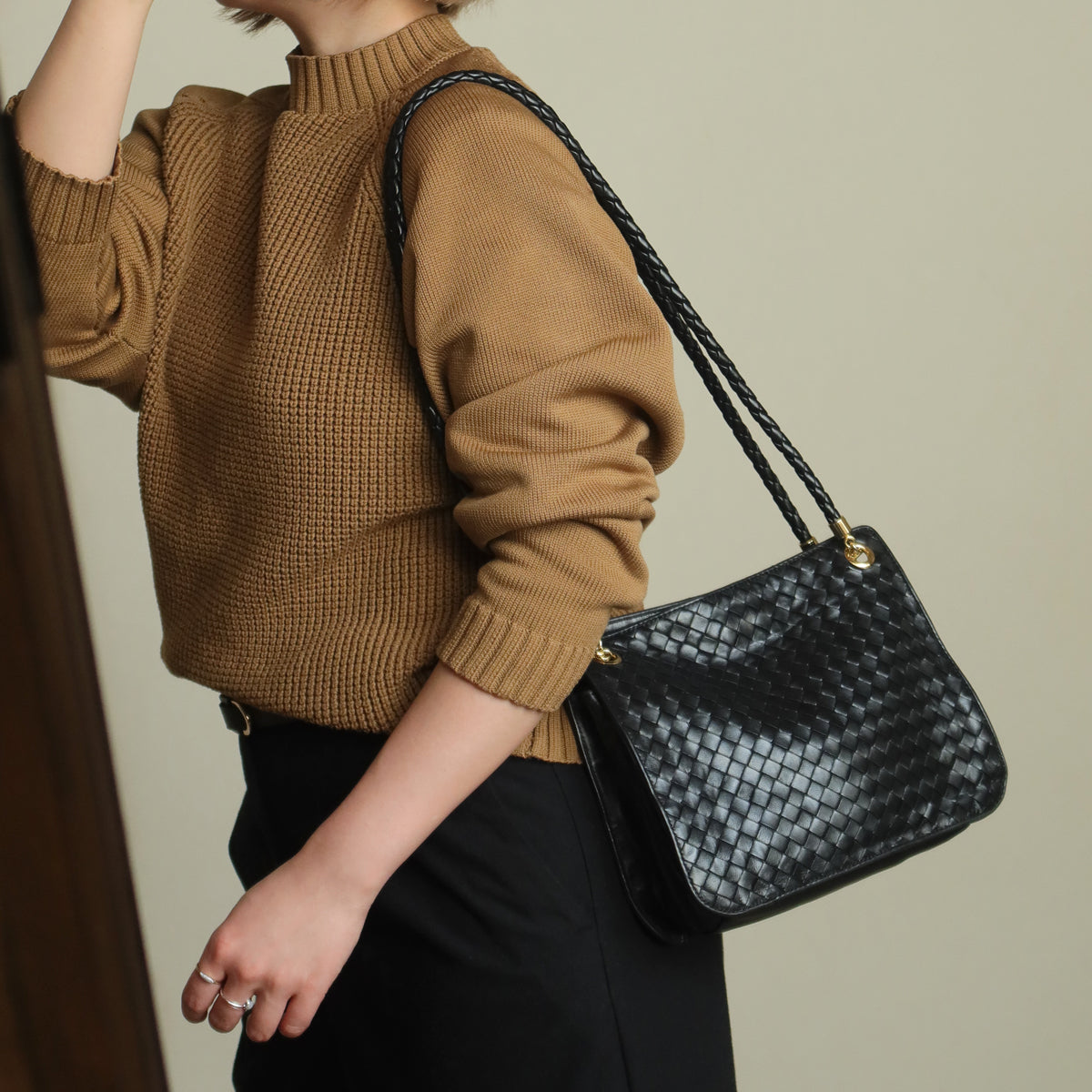 Bottega Veneta Vintage Black Leather Intrecciato Braided Strap Shoulder Bag