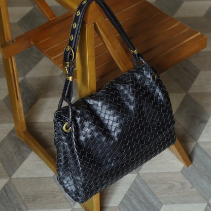 Bottega Veneta Black Nappa Leather Intrecciato Ring Hardware details Hobo Shoulder Flap Bag