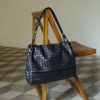 Bottega Veneta Black Nappa Leather Intrecciato Ring Hardware details Hobo Shoulder Flap Bag
