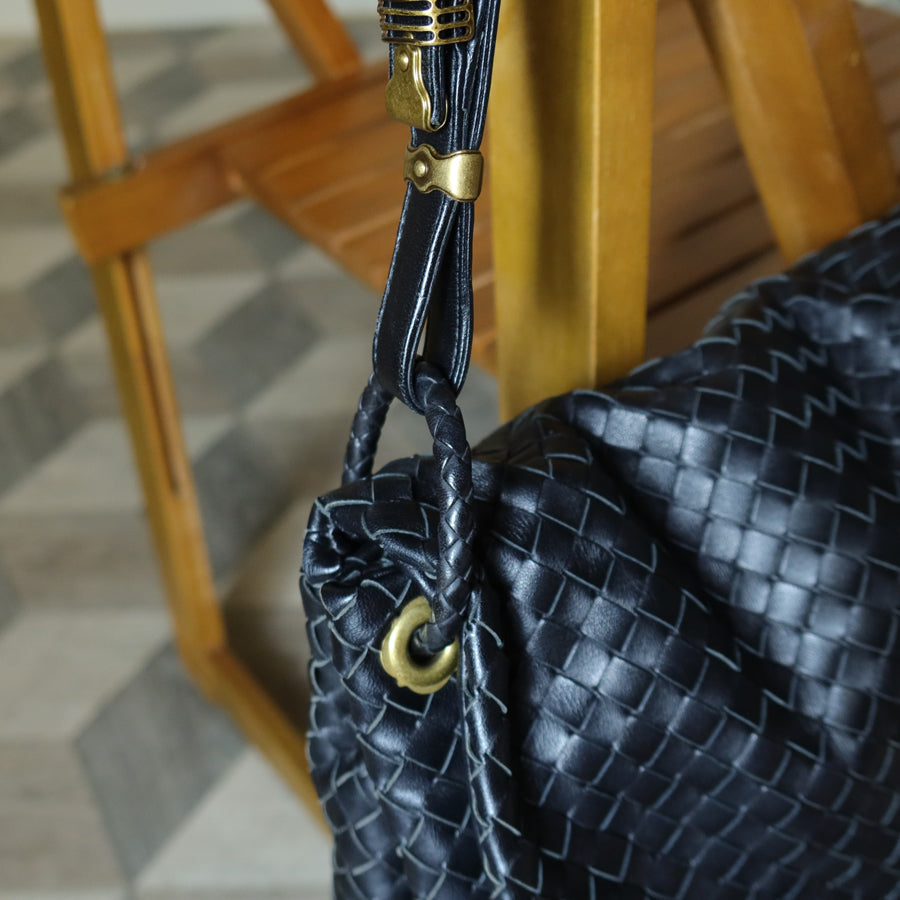 Bottega Veneta Black Nappa Leather Intrecciato Ring Hardware details Hobo Shoulder Flap Bag