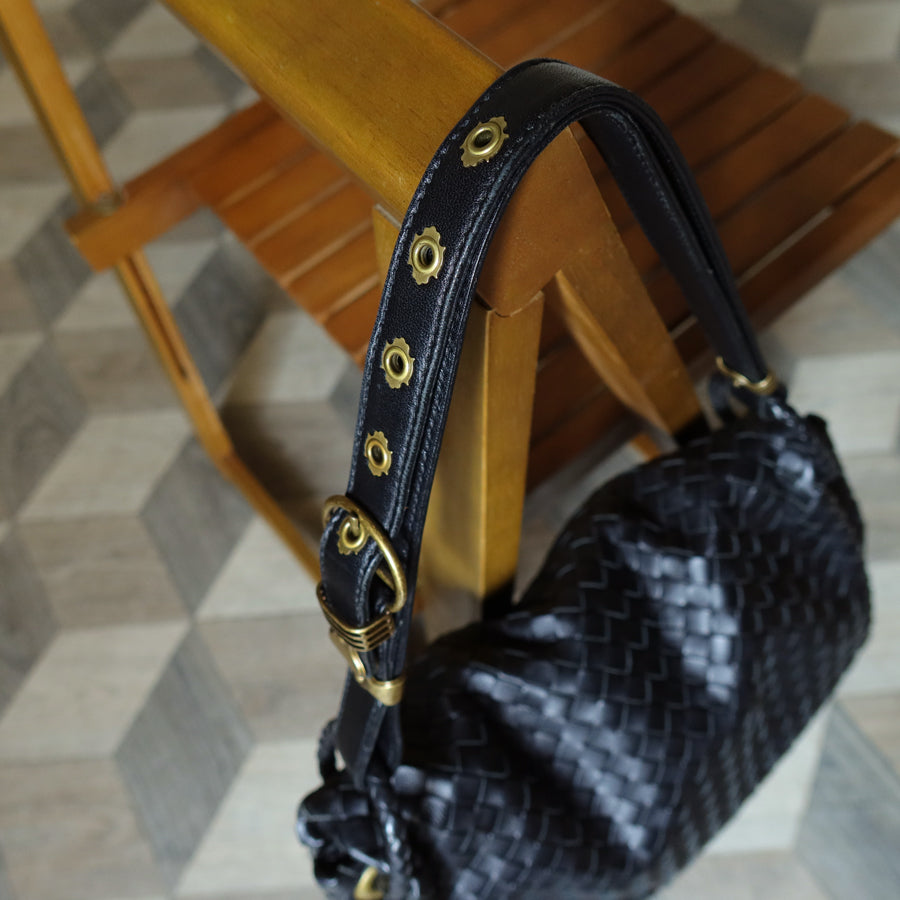 Bottega Veneta Black Nappa Leather Intrecciato Ring Hardware details Hobo Shoulder Flap Bag