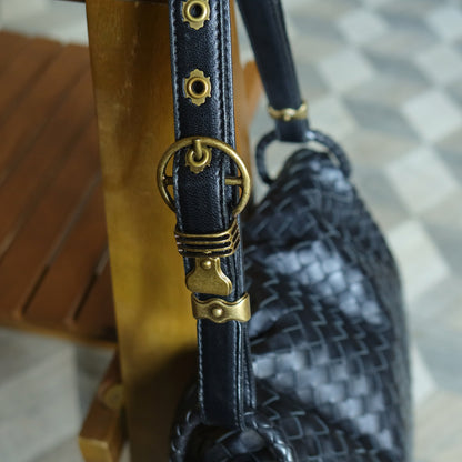 Bottega Veneta Black Nappa Leather Intrecciato Ring Hardware details Hobo Shoulder Flap Bag