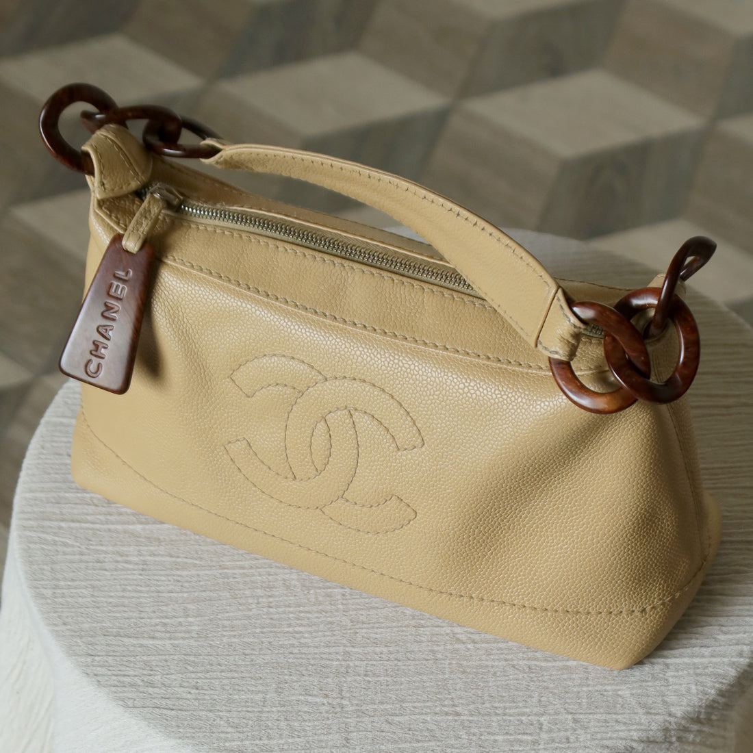 Chanel Vintage Beige Caviar Leather CC Mark Hobo Shoulder Bag