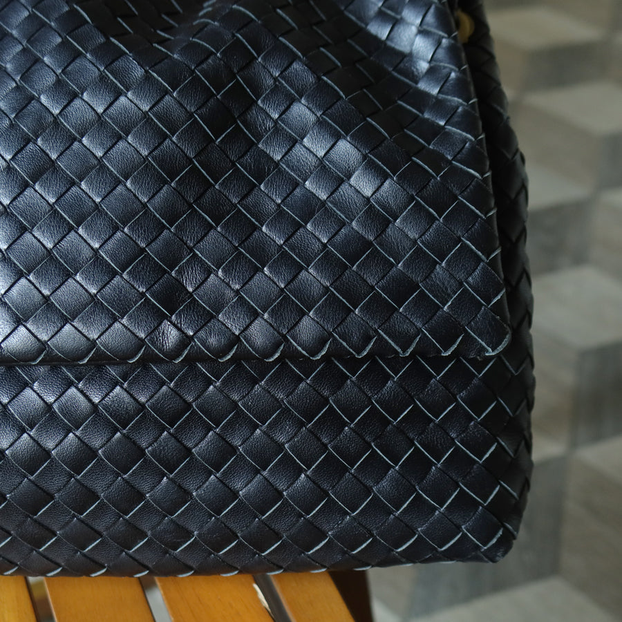 Bottega Veneta Black Nappa Leather Intrecciato Ring Hardware details Hobo Shoulder Flap Bag