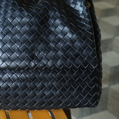 Bottega Veneta Black Nappa Leather Intrecciato Ring Hardware details Hobo Shoulder Flap Bag
