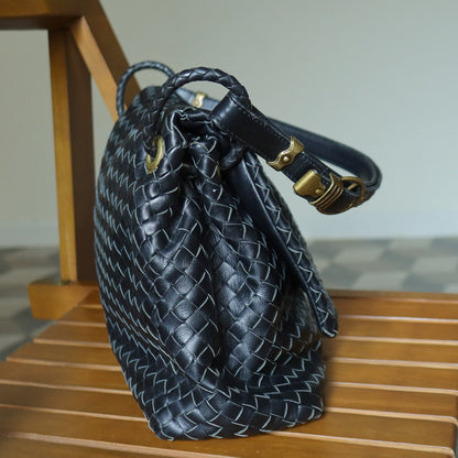 Bottega Veneta Black Nappa Leather Intrecciato Ring Hardware details Hobo Shoulder Flap Bag