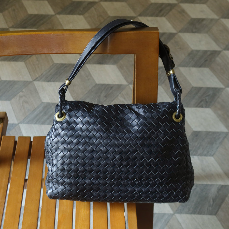 Bottega Veneta Black Nappa Leather Intrecciato Ring Hardware details Hobo Shoulder Flap Bag