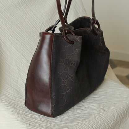 Gucci Vintage Dark Brown Canvas Leather GG Monogram Daily Tote Shoulder Bag