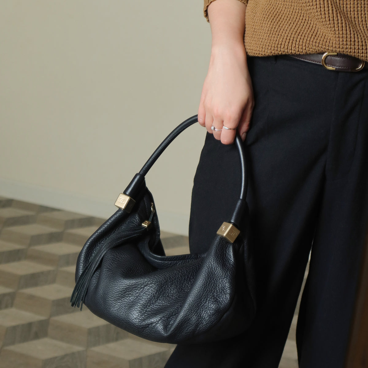 Chanel Vintage Black Calfskin CC Dice Fringe Charm 2way Hobo Bag S2