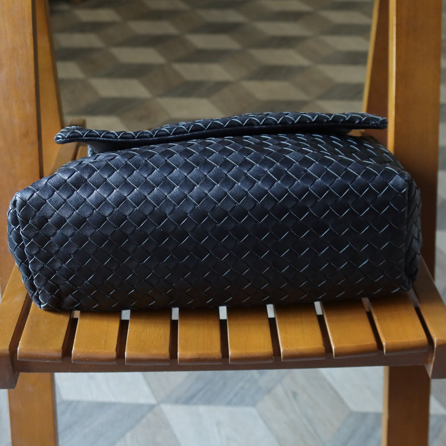 Bottega Veneta Black Nappa Leather Intrecciato Ring Hardware details Hobo Shoulder Flap Bag
