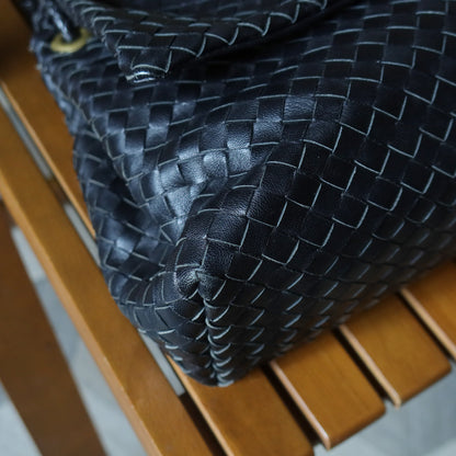 Bottega Veneta Black Nappa Leather Intrecciato Ring Hardware details Hobo Shoulder Flap Bag