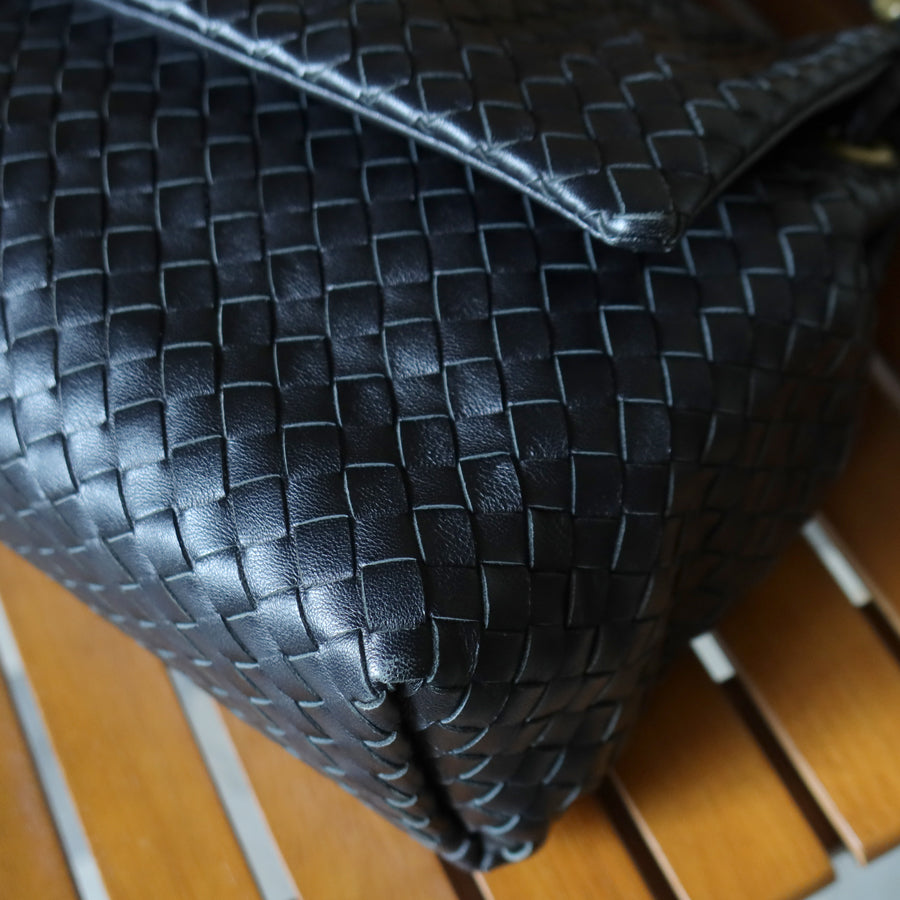 Bottega Veneta Black Nappa Leather Intrecciato Ring Hardware details Hobo Shoulder Flap Bag